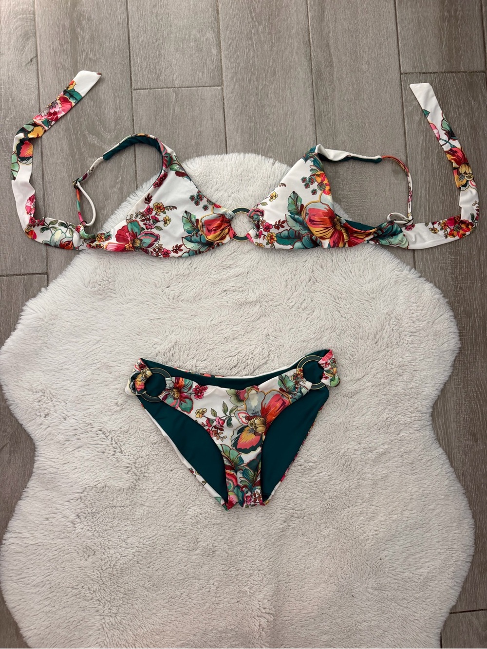 BECCA Floral Ring-Accent Bikini - White & Teal